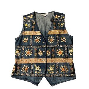 Ellen Richman Women’s Fall Blue Jean Denim Vintage Embroidered Vest sz Lg